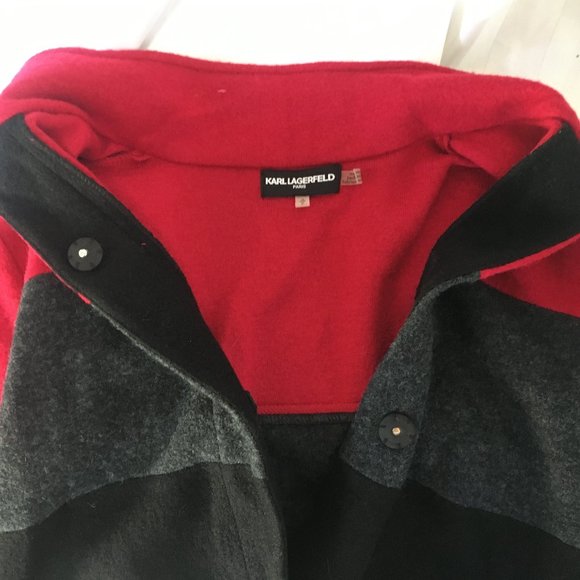 Karl Lagerfeld Jacket Sweater Womens Small Color Block Boiled Wool Black Red - Picture 14 of 15